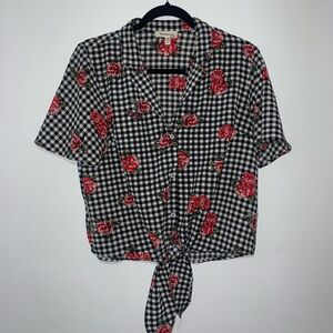 Stylish Black and White Gingham Shirt with Red Floral Design